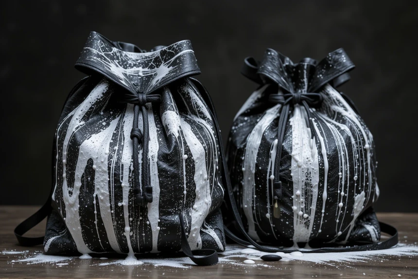 white paint on black leather rough bags